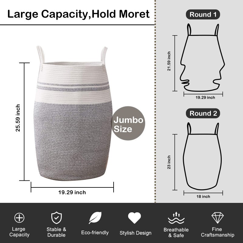 OIAHOMY Laundry Hamper Woven Cotton Rope Large Clothes Hamper 25.6" Height Modern Curve Basket with Extended Cotton Handles for Storage Clothes Toys in Bedroom, Bathroom, Foldable (White & light grey) - Image 3